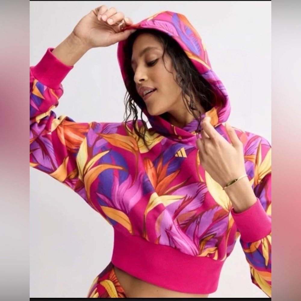 Adidas x Farm Rio Wmns Crop Top Hoodie Bold Pink/Spring Yellow Sz: Various ~ NWT - Picture 10 of 12